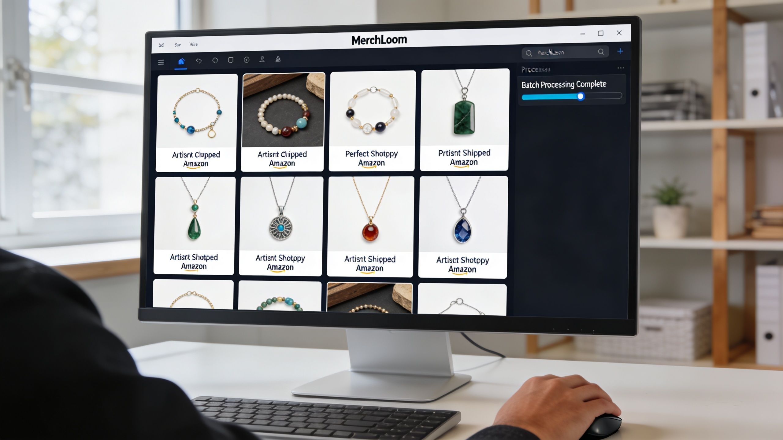 A person using a computer monitor to view product listings for jewelry on a software platform.