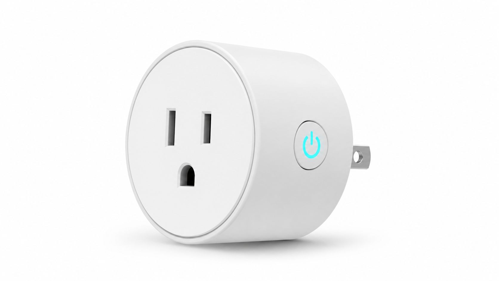 A modern white smart plug with a power button and illuminated blue indicator light on white background