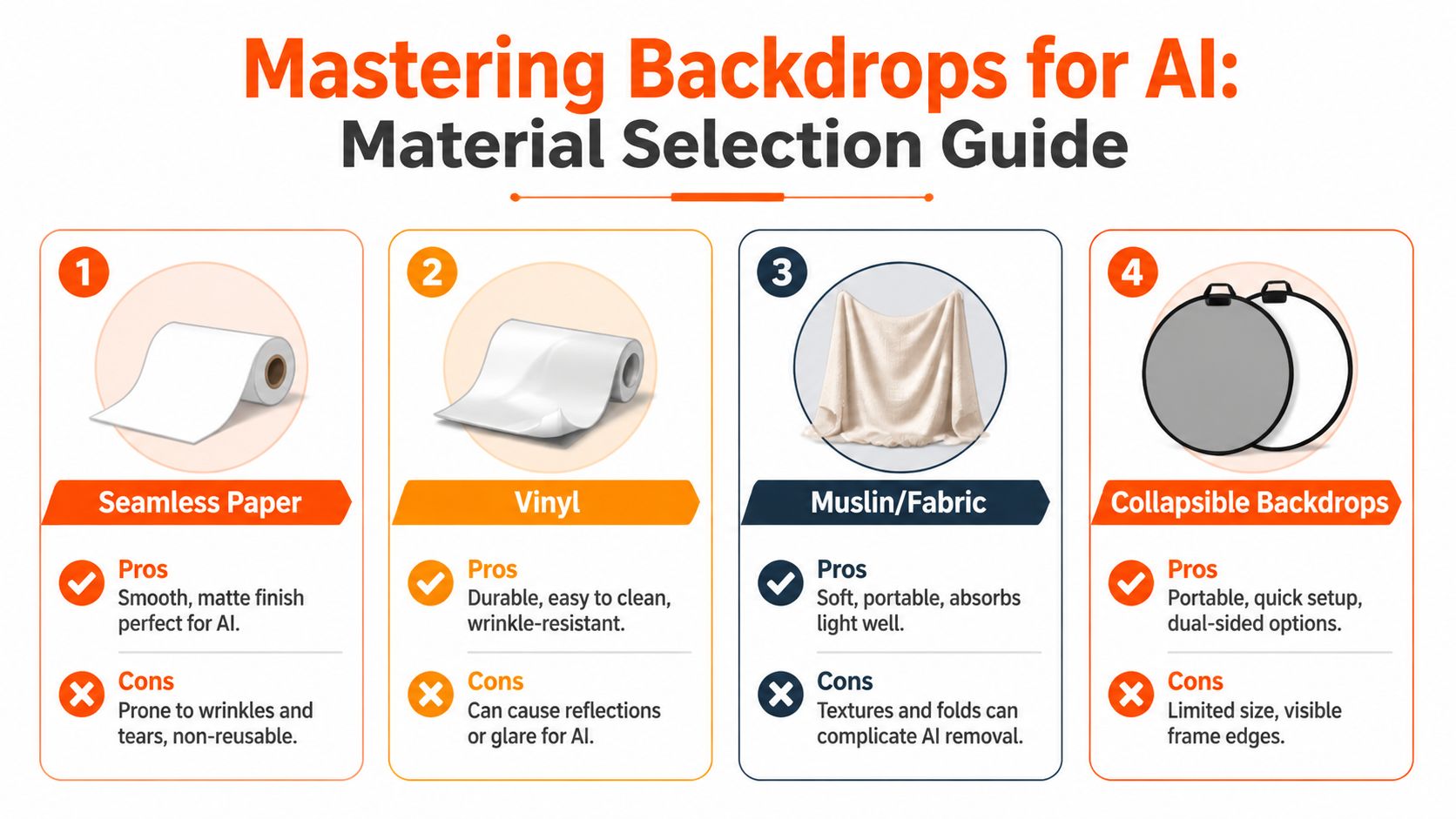 An educational infographic comparing four common studio backdrop materials for AI photography: seamless paper, vinyl, muslin, and collapsible.