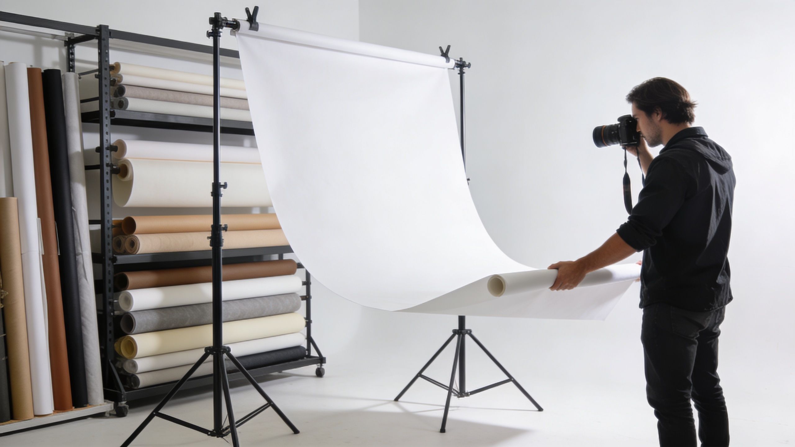 A professional photographer adjusting a white photography backdrop in a well-equipped photo studio environment.