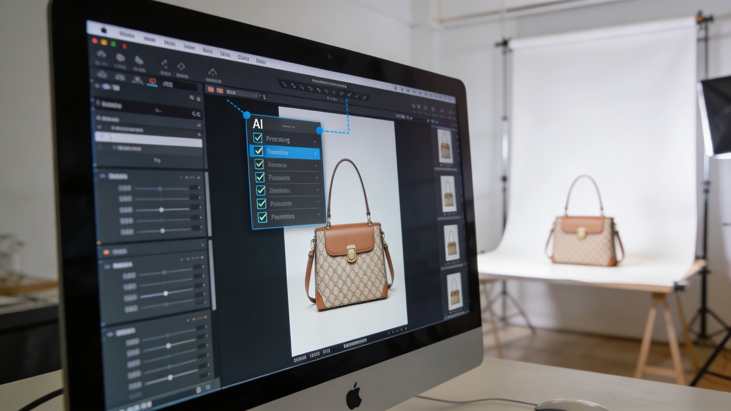 A computer screen displaying professional photo editing software with AI enhancements for a product shot of a handbag.