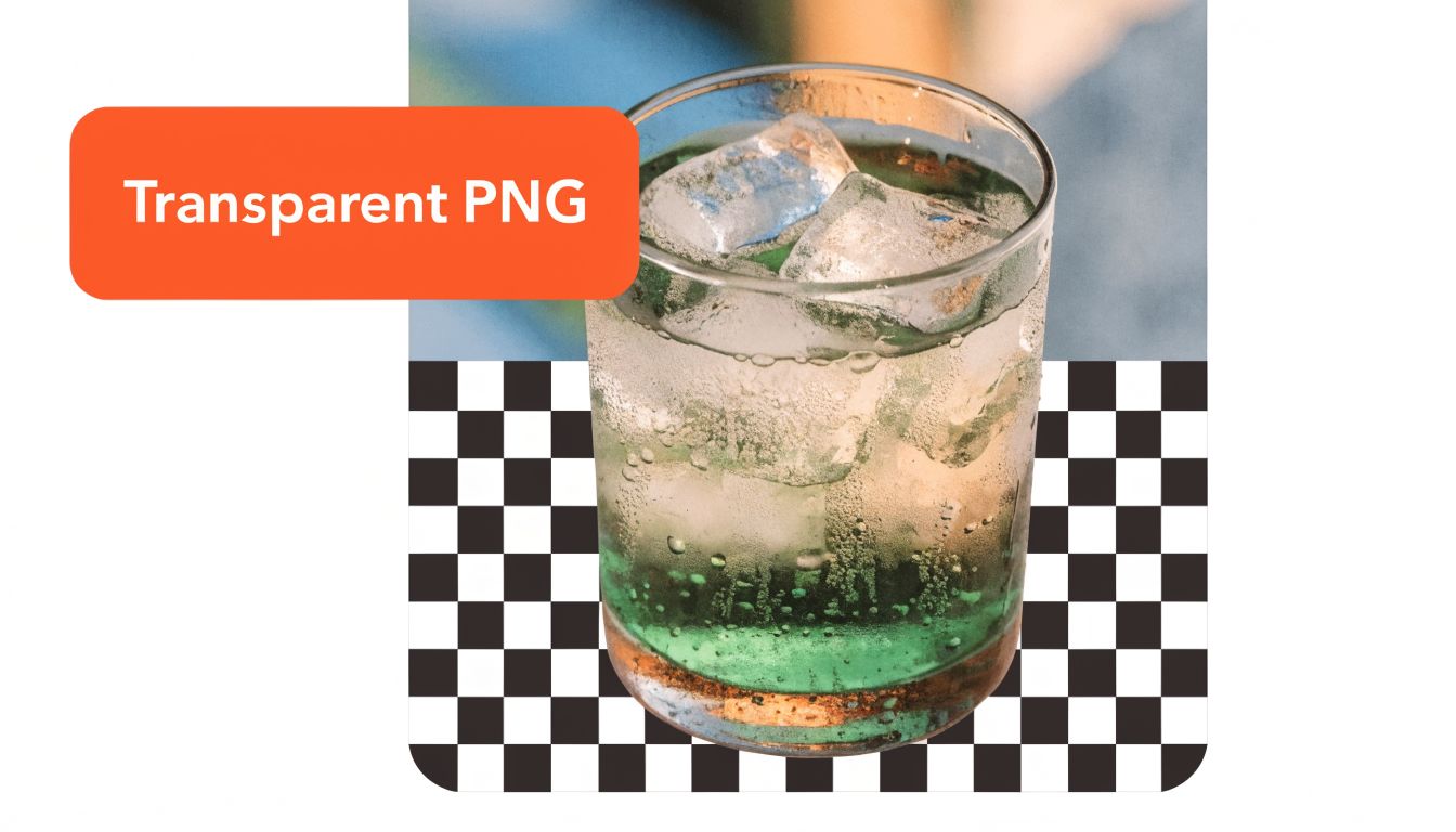 A glass filled with a green cocktail and ice cubes isolated on a checkered transparent background.