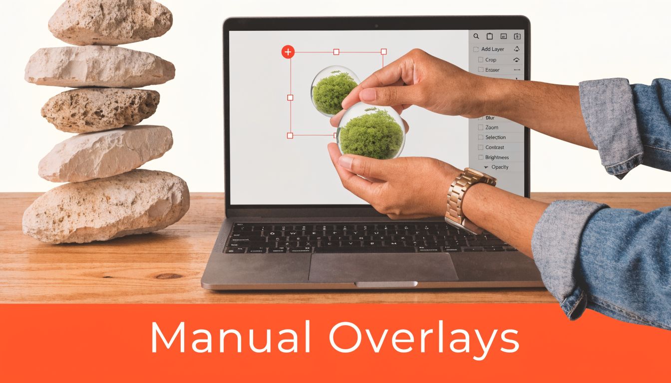 A person uses a laptop to edit an image featuring crystal balls containing moss on a desk.