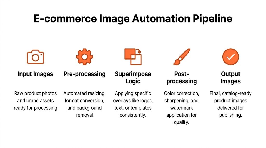 A diagram illustrating a five-step E-commerce Image Automation Pipeline for processing raw product photos into catalog-ready assets.