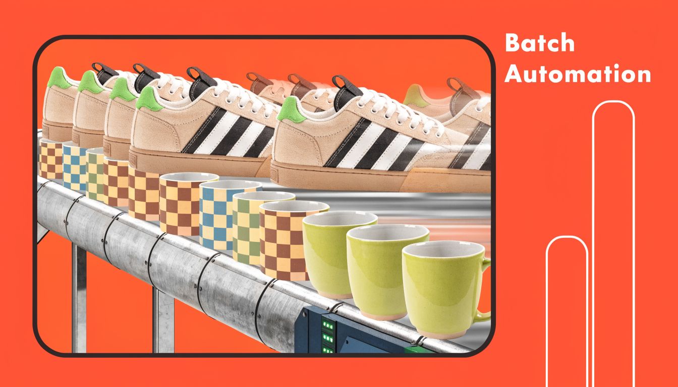 A conceptual illustration showing a digital conveyor belt with beige sneakers and checkered ceramic mugs