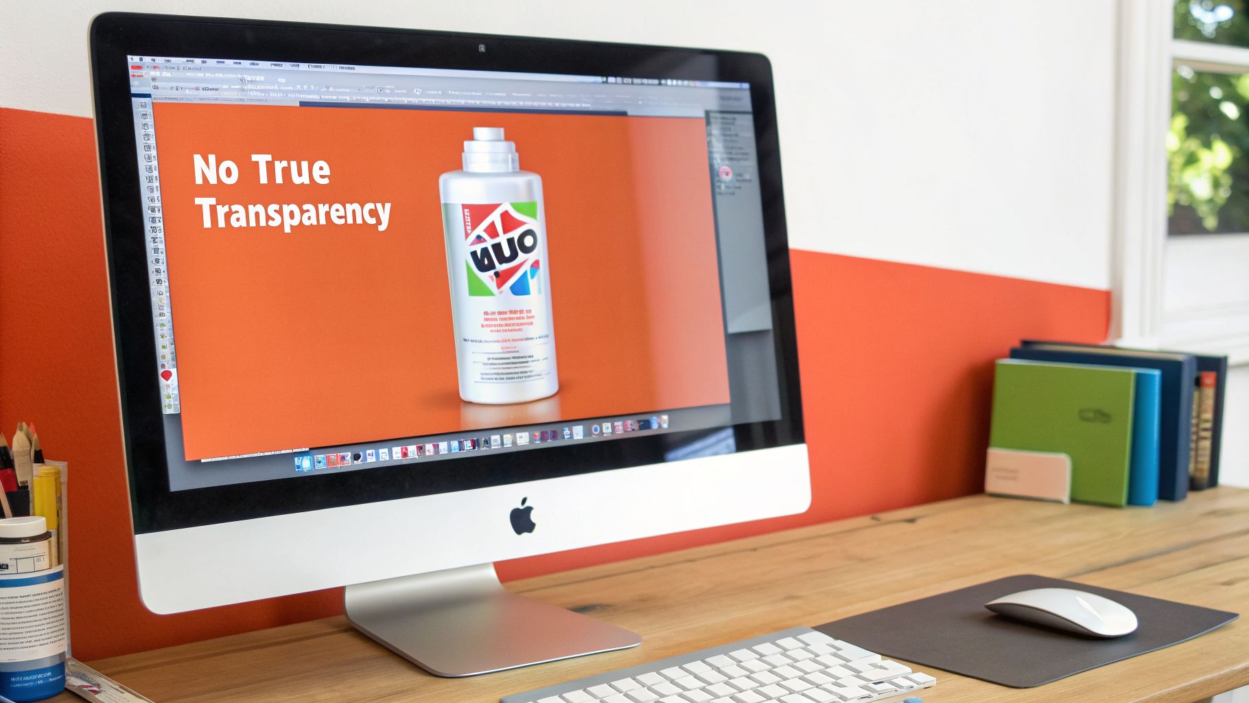 A desktop computer screen displays a white bottle and 'No True Transparency' text on an orange digital background.