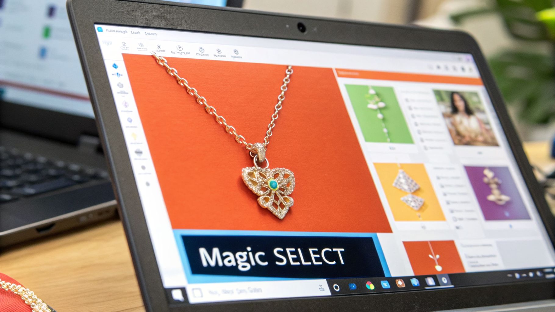 Close-up of a laptop screen showing a necklace on an orange background with 'Magic SELECT' text.