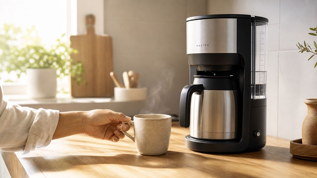 A person holding a steaming mug of hot coffee next to a modern Mastro coffee maker.