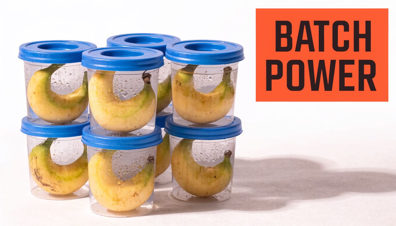A stack of small clear plastic containers, each holding a curved yellow banana piece, labeled Batch Power.
