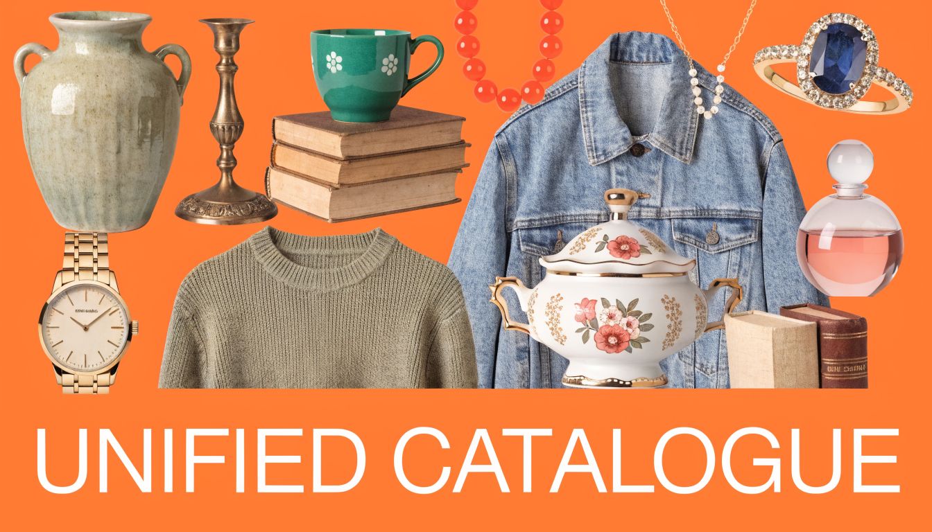 A curated collection of vintage items including a vase, books, clothing, jewelry, and a decorative tureen.