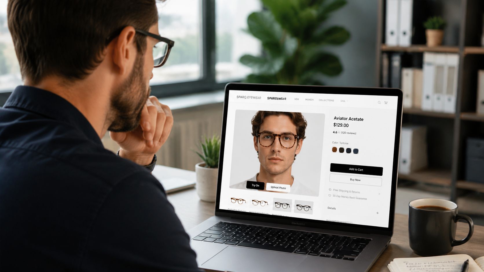 A man wearing glasses looks at a laptop screen displaying a virtual product try on website interface.