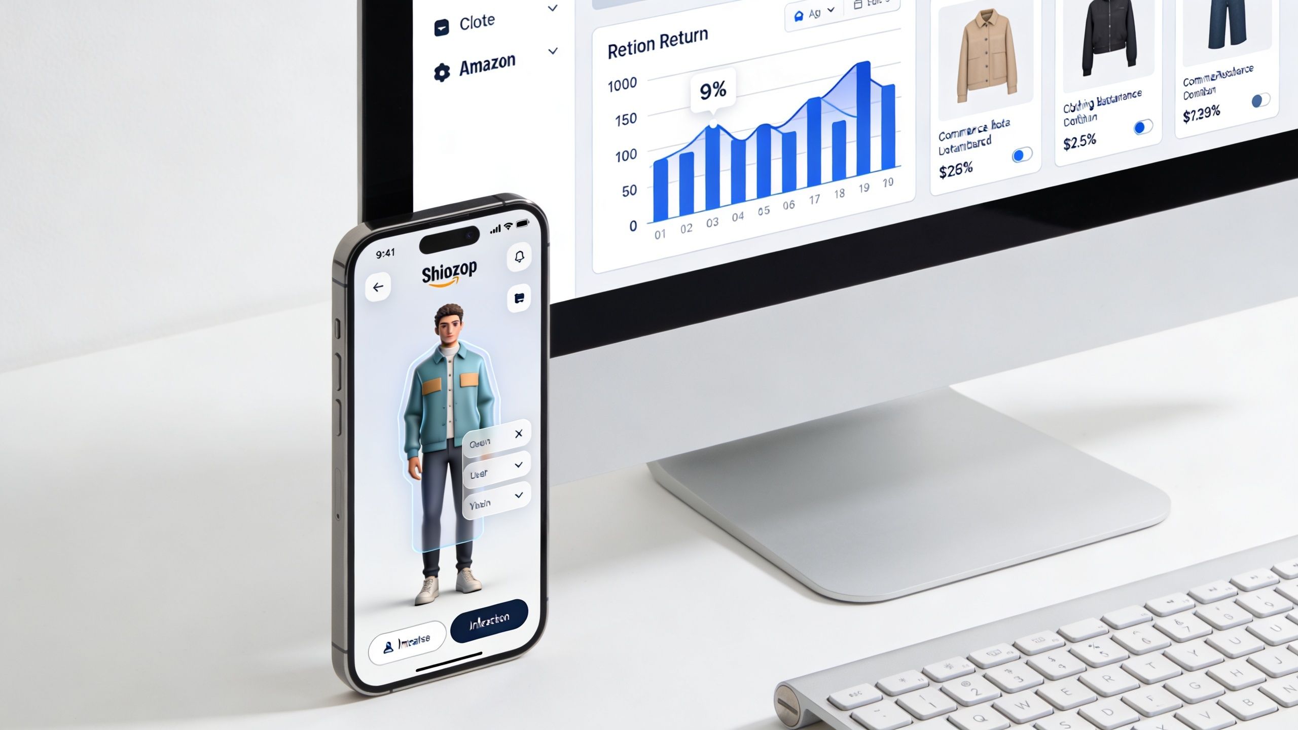 A smartphone displaying a virtual try-on clothing app beside a computer monitor showing sales analytics.