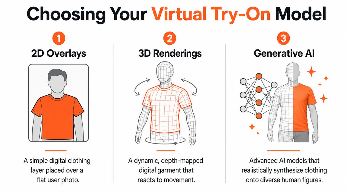 An infographic comparing three methods for virtual try-on clothing: 2D overlays, 3D renderings, and generative AI models.