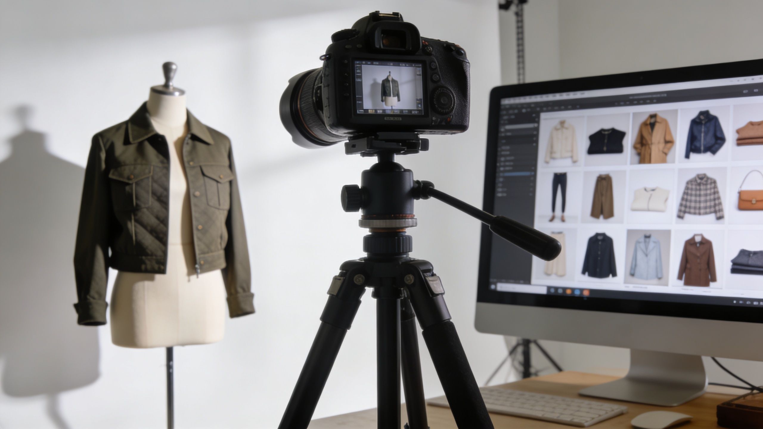 A professional digital camera on a tripod capturing a mannequin wearing a stylish olive jacket.