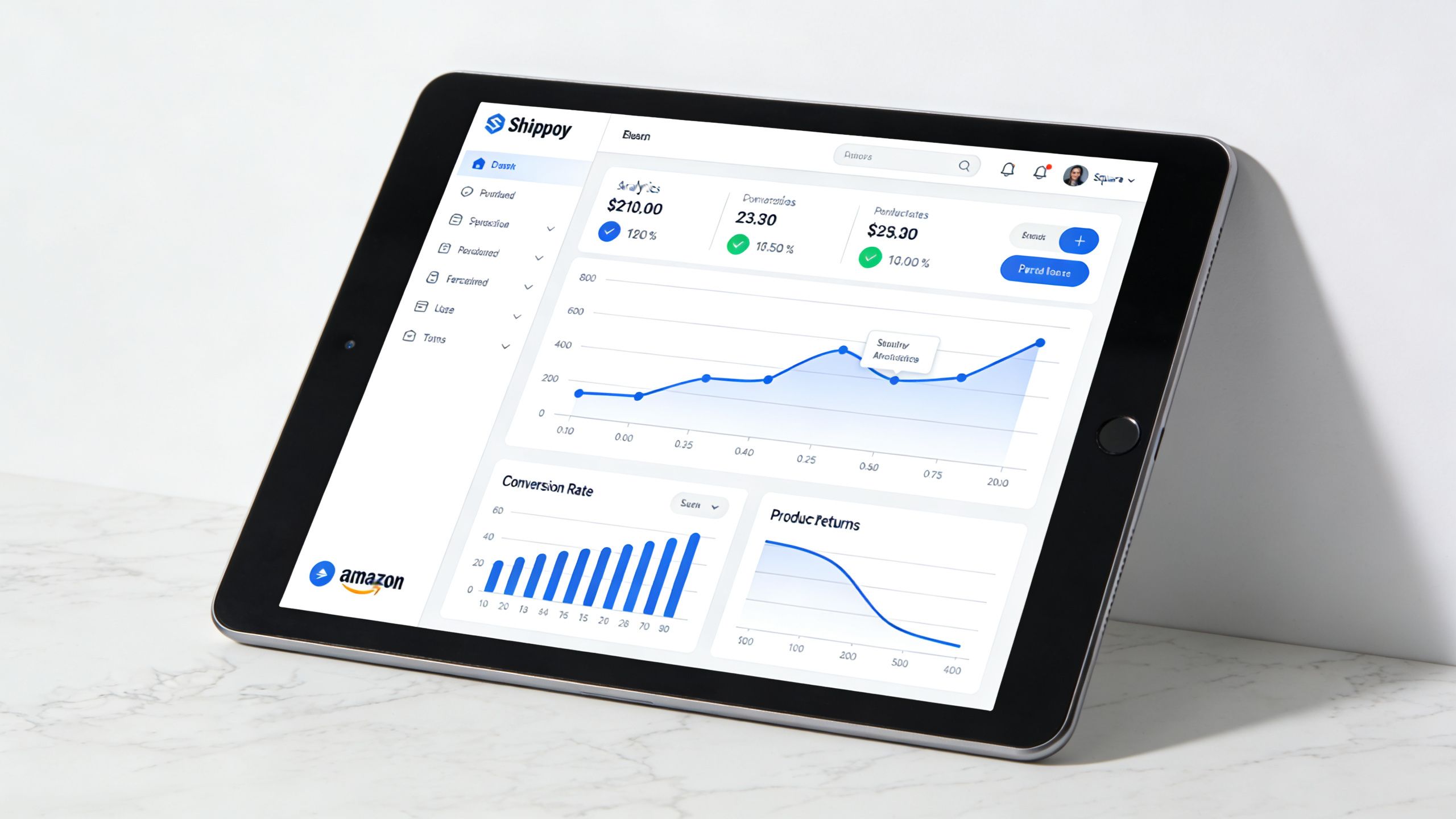 A tablet screen displaying a digital analytics dashboard with charts and data for an e-commerce management platform.