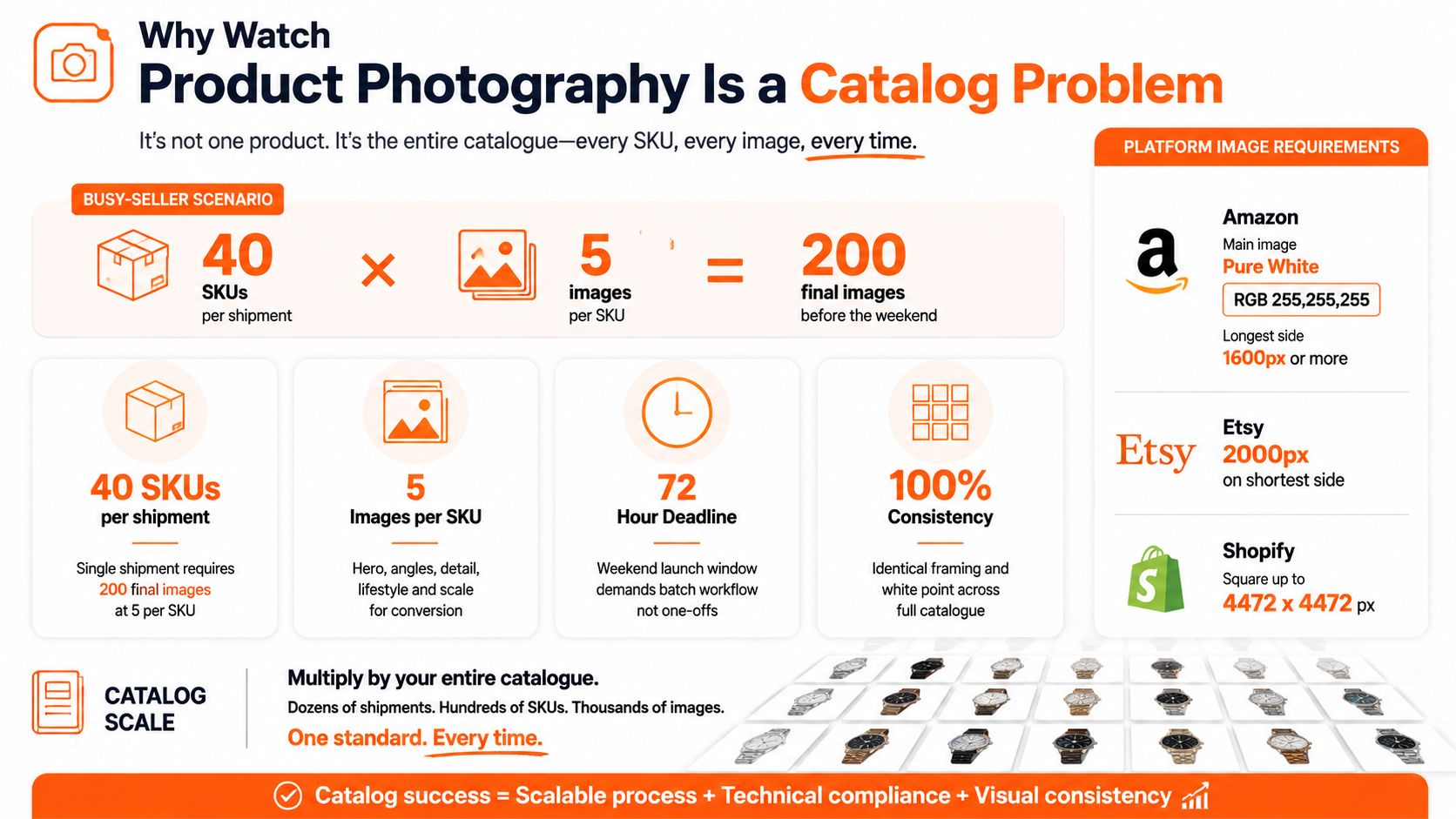 An infographic illustrating the challenges and requirements of scaling professional watch product photography for online retail platforms.