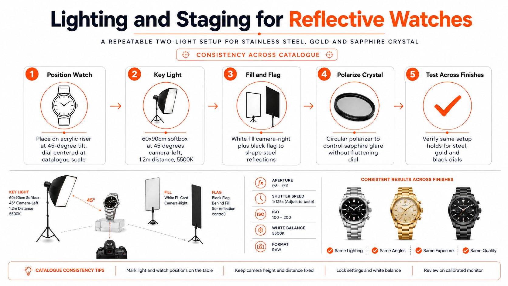 A step-by-step infographic illustrating professional lighting and staging techniques for photographing reflective watches in a studio setting.