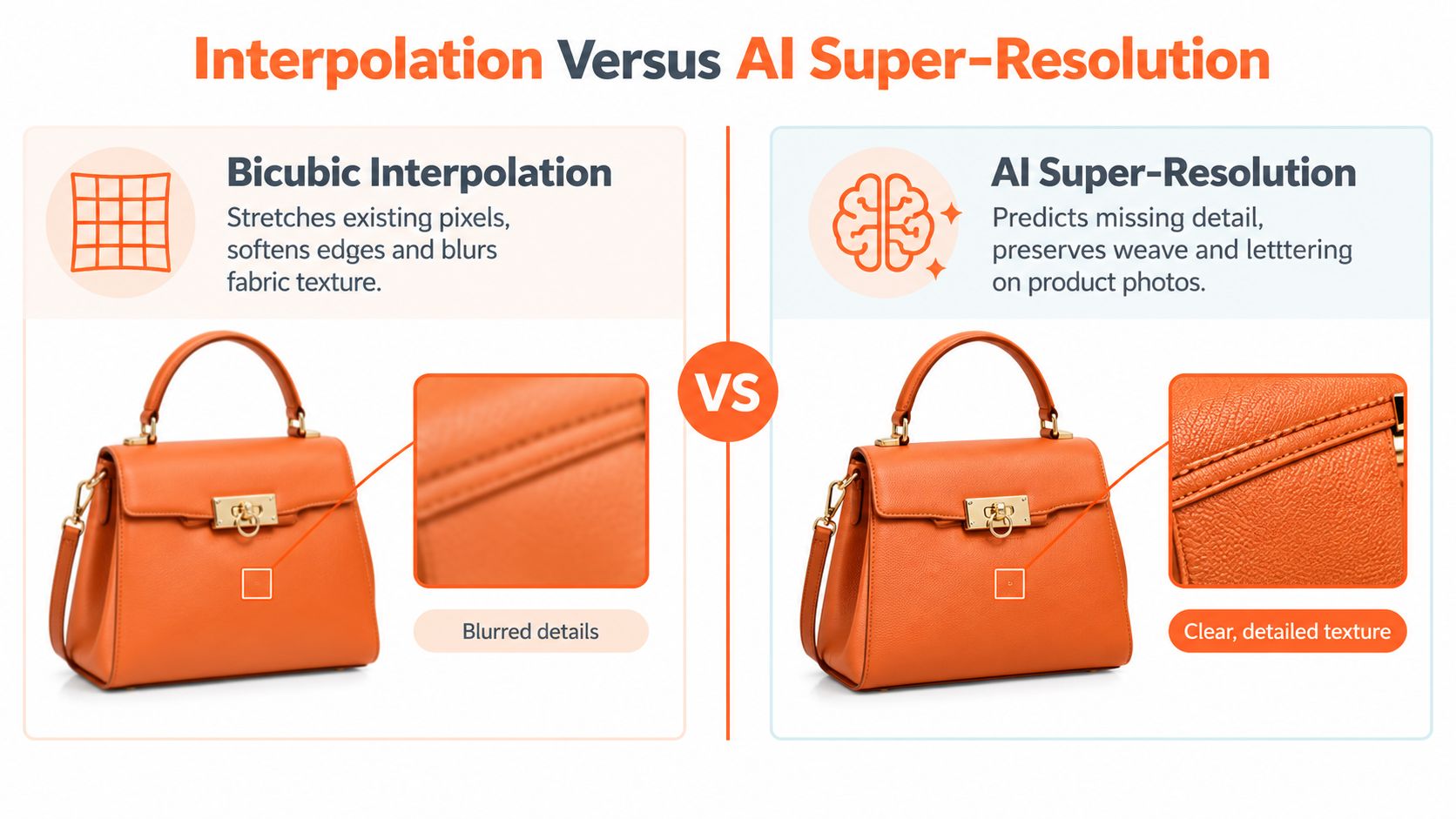 A comparison showing the difference between blurry bicubic interpolation and sharp AI-enhanced super-resolution on an orange handbag.