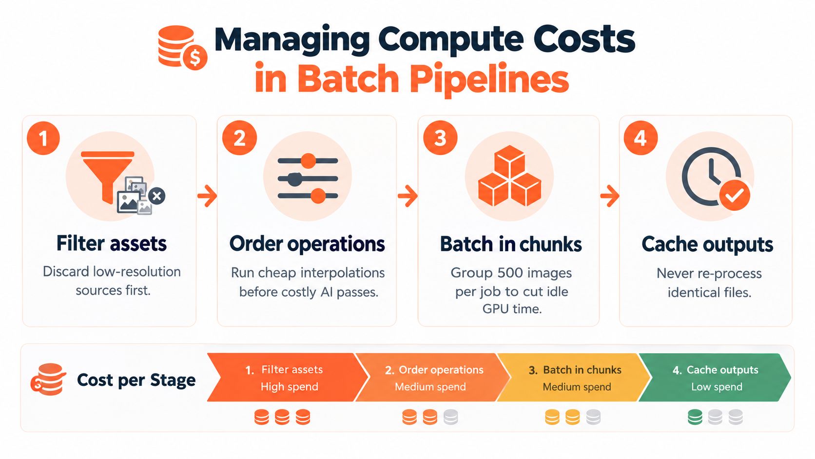 A diagram outlining four strategies to manage compute costs in batch image processing pipelines efficiently.