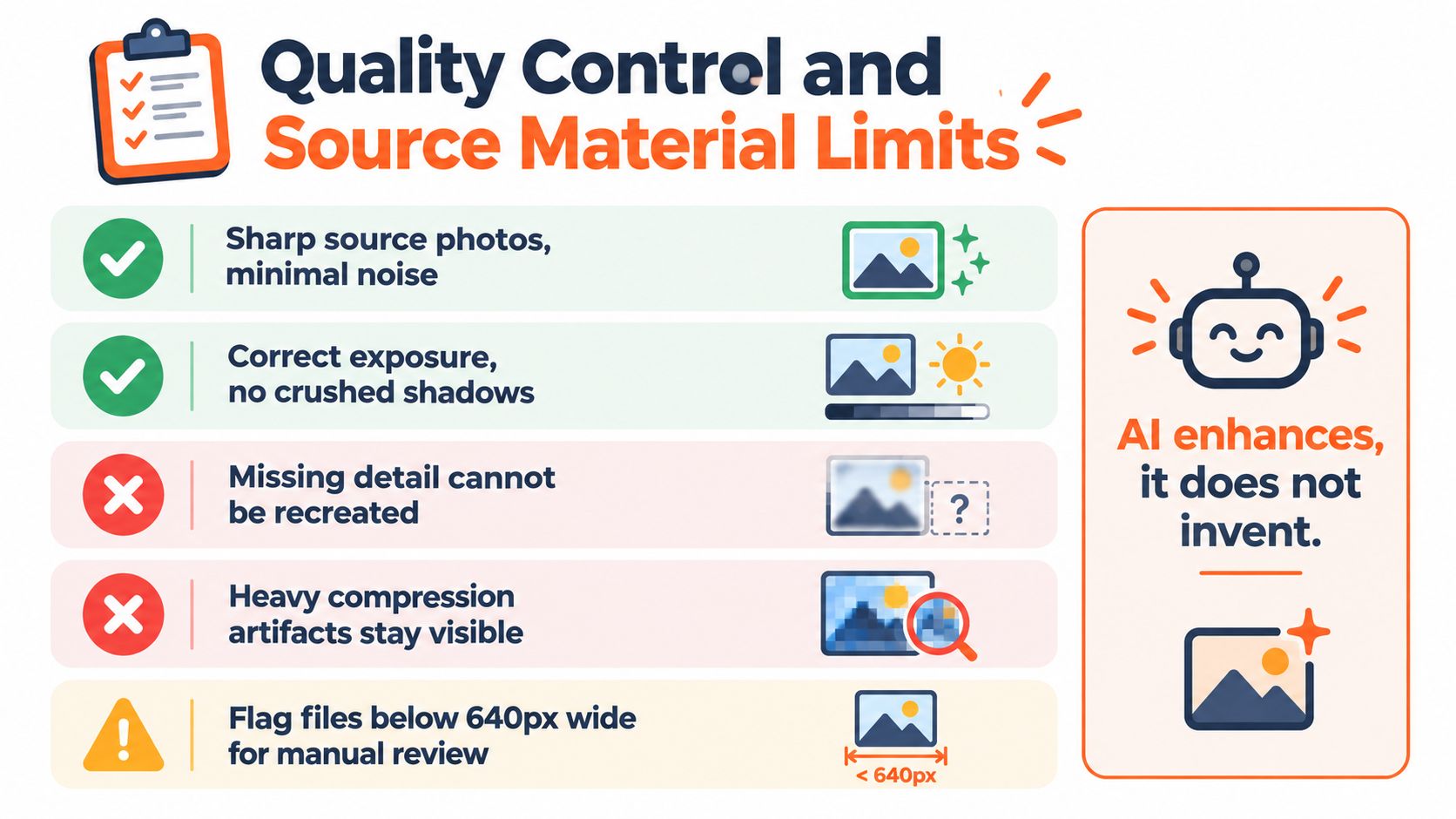 A quality control guide showing best practices and limitations for source image material in AI upscaling workflows.