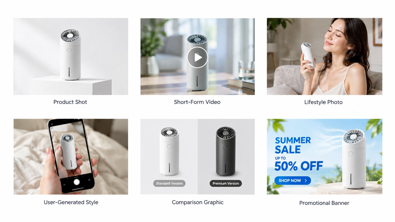 A marketing collage showcasing various examples of product photography and ad creative designs for a desk fan.