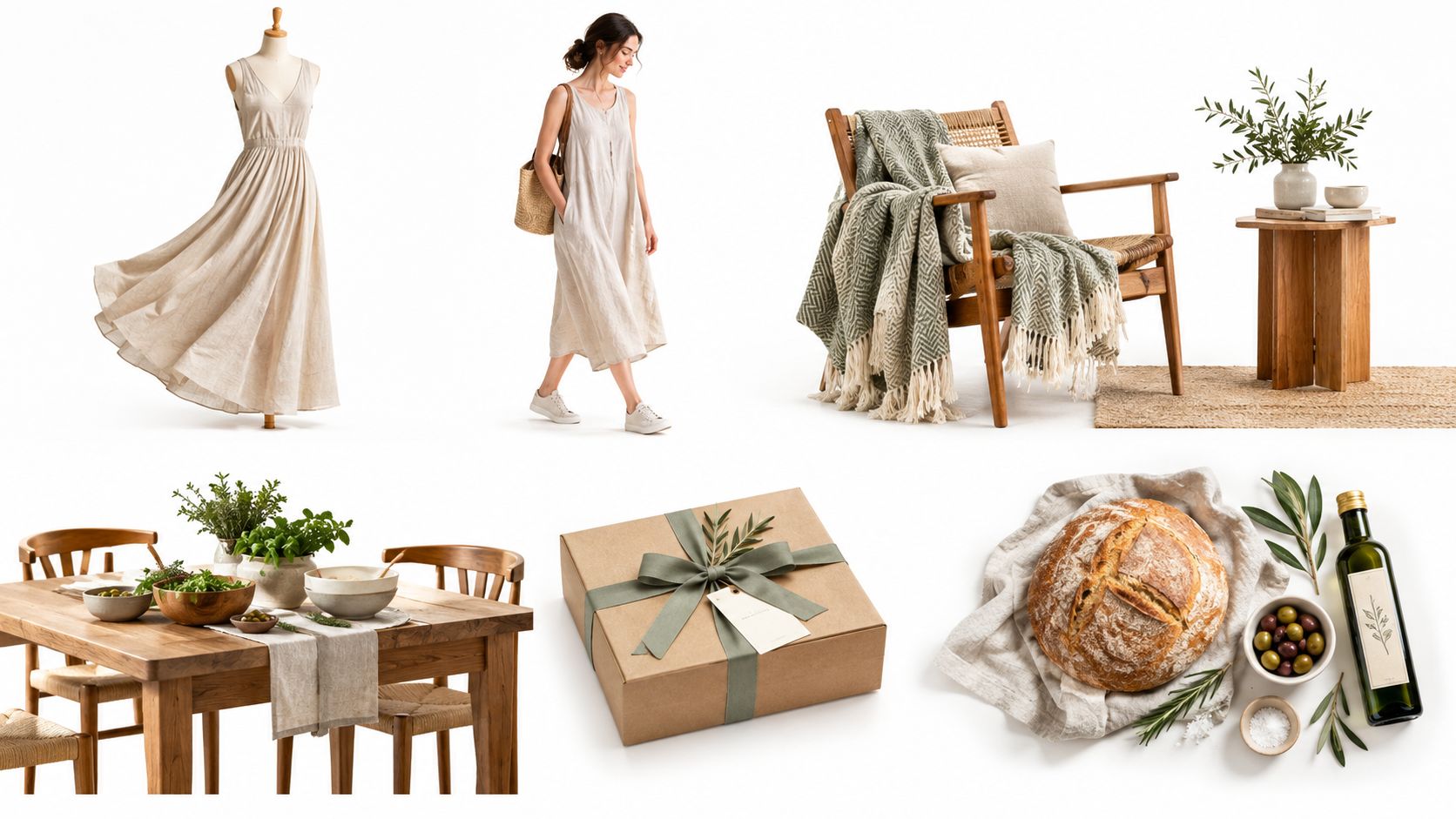 A lifestyle product photography collage featuring linen dresses, home decor, dining furniture, a gift box, and artisan bread.