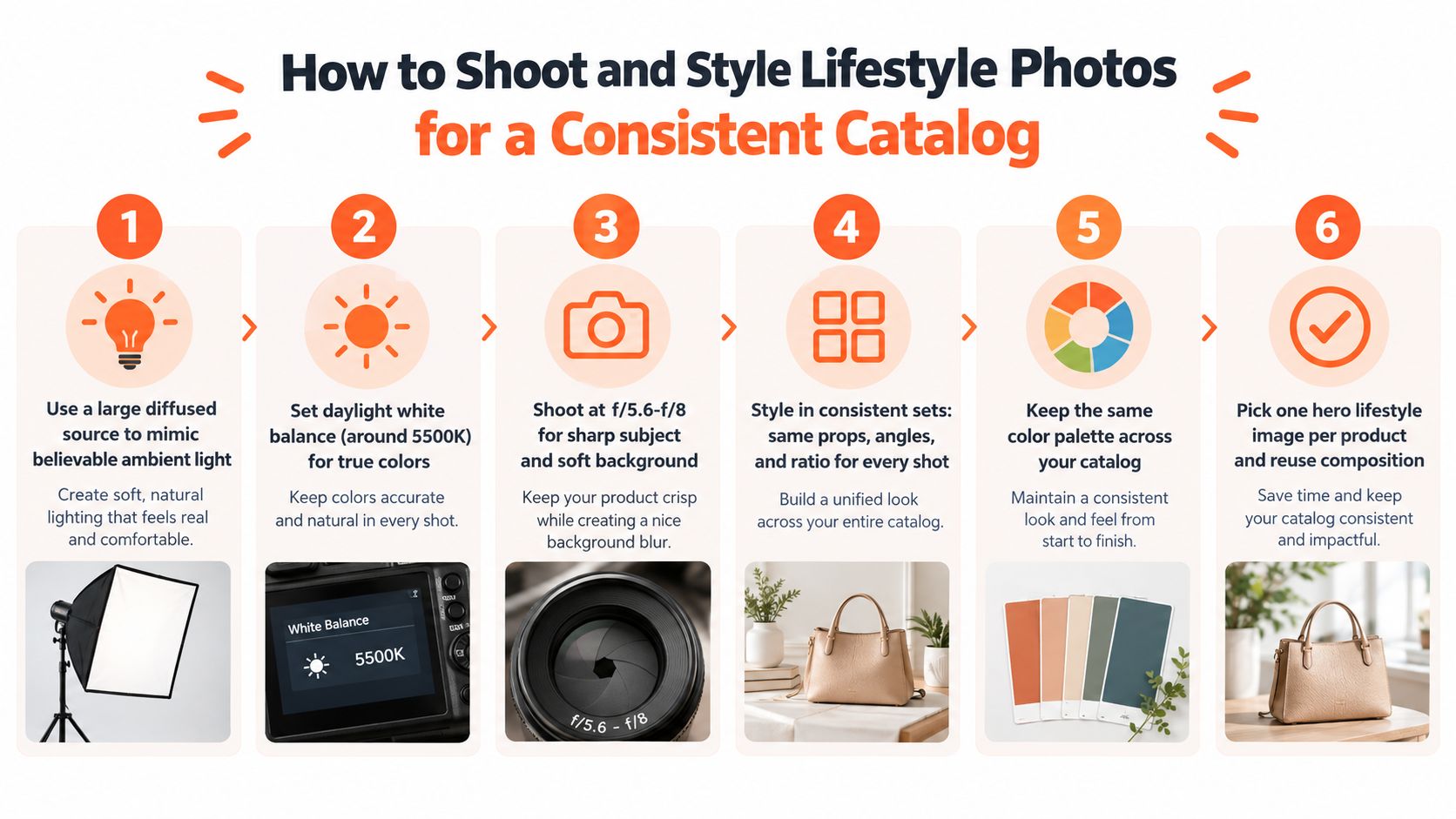 An infographic showing six steps for shooting and styling consistent lifestyle product photos for a catalog.