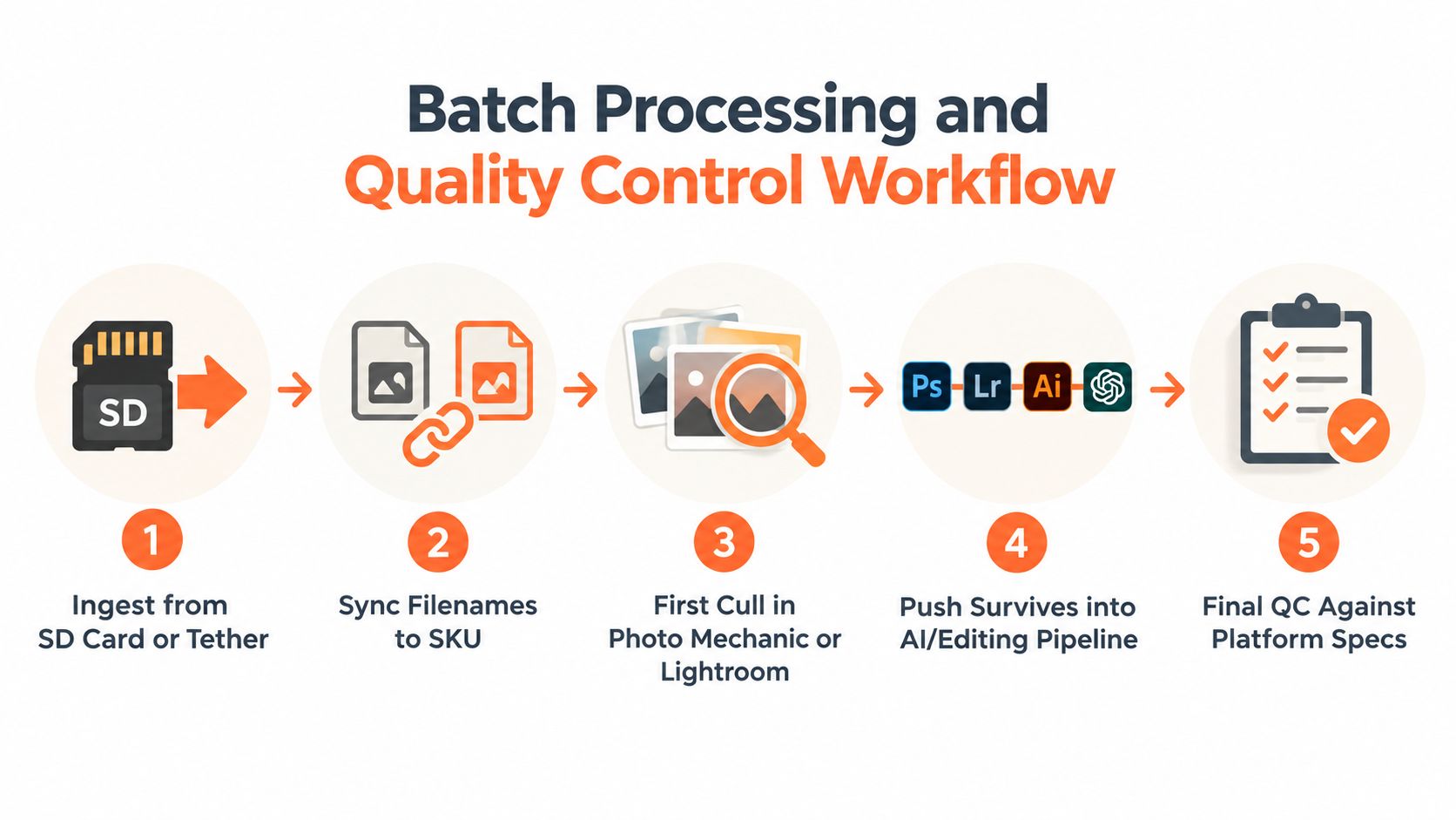 A five-step workflow diagram illustrating the batch processing and quality control process for professional product photography.