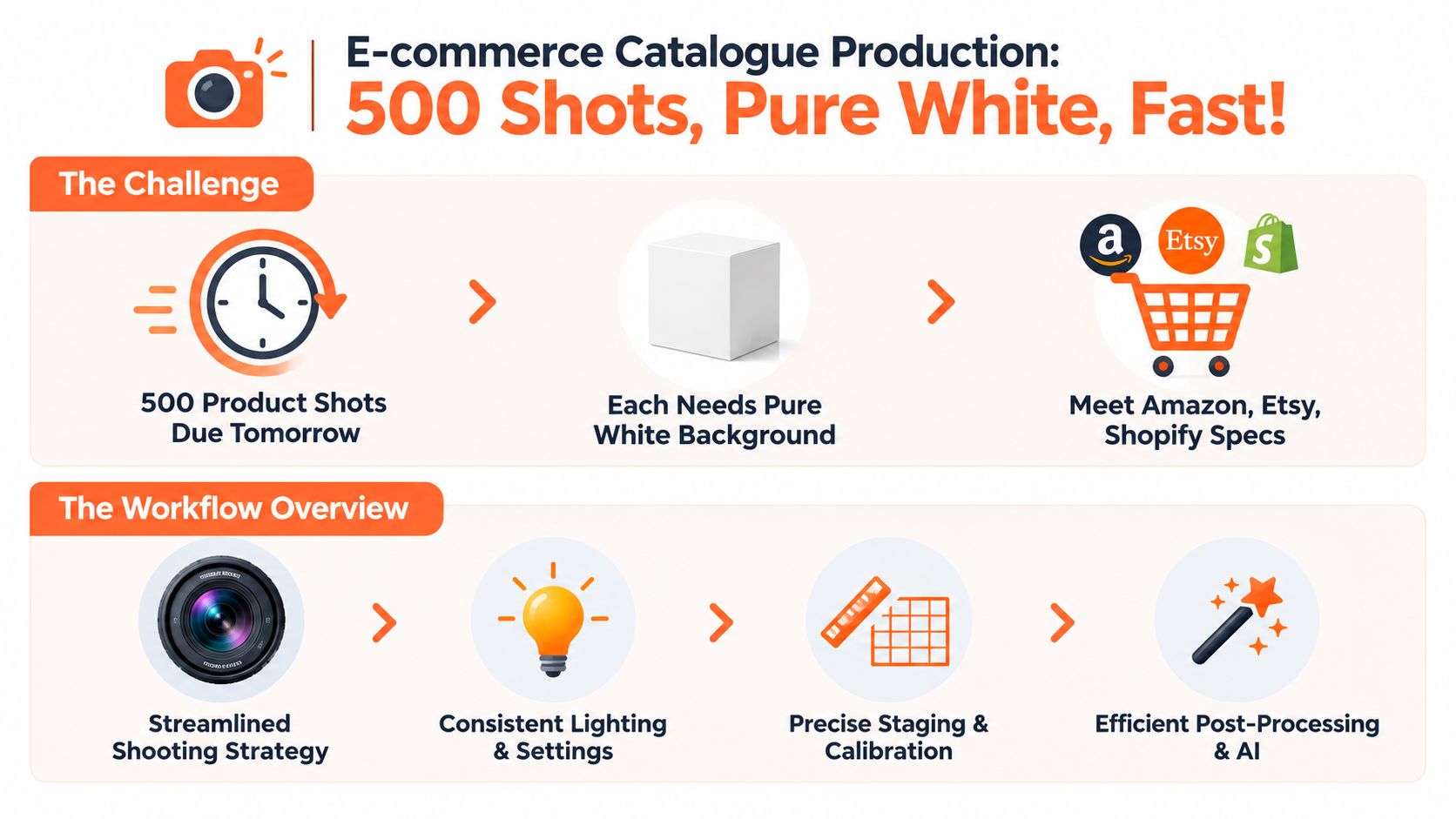 An infographic illustrating an efficient workflow for producing high-quality product photography with pure white backgrounds for e-commerce.