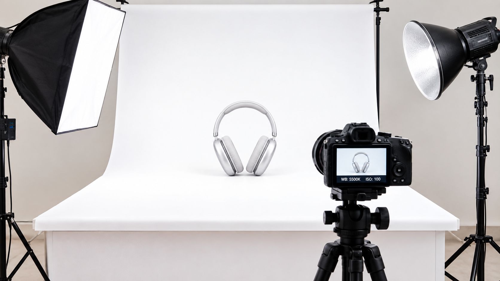 A professional photography studio setup with white headphones being shot on a white background with lighting equipment.