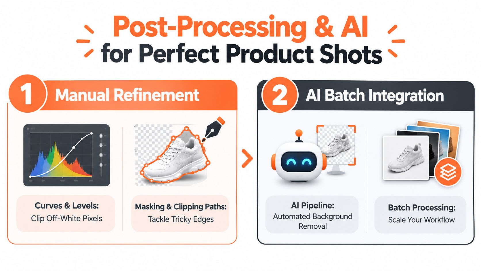 A diagram comparing manual image editing techniques like masking with automated AI background removal for product photography.