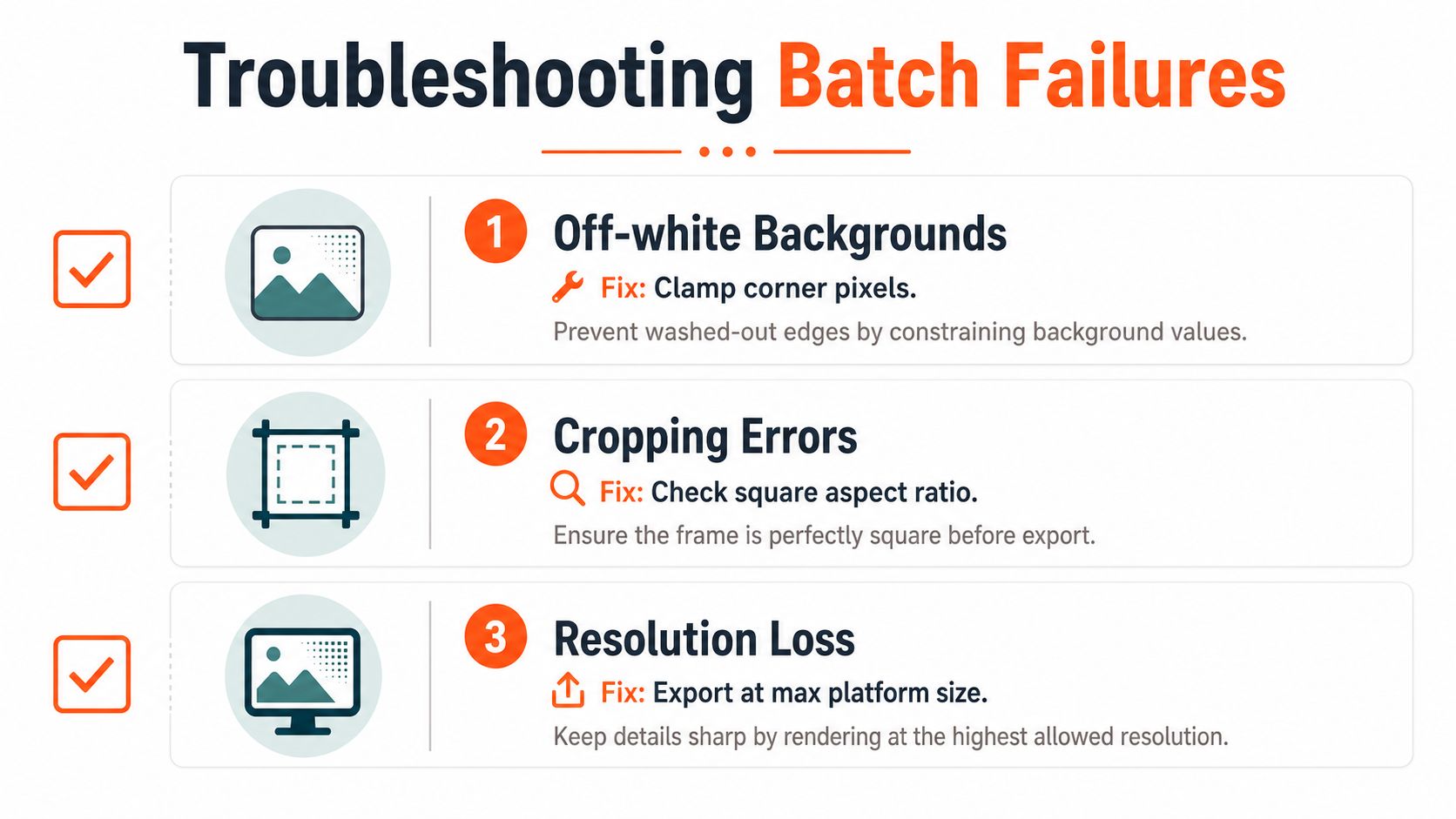 A troubleshooting guide infographic illustrating three common batch processing failures: off-white backgrounds, cropping errors, and resolution loss.