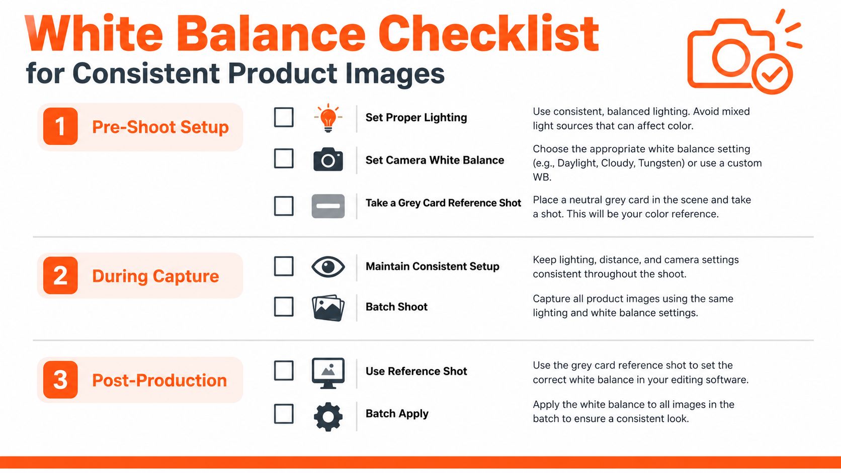 A professional checklist outlining three key steps to achieve consistent white balance in product photography sessions.