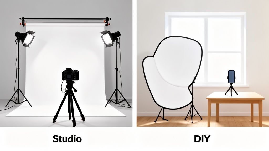 Professional studio photography setup with DSLR and lights contrasts with a DIY smartphone setup using a reflector.