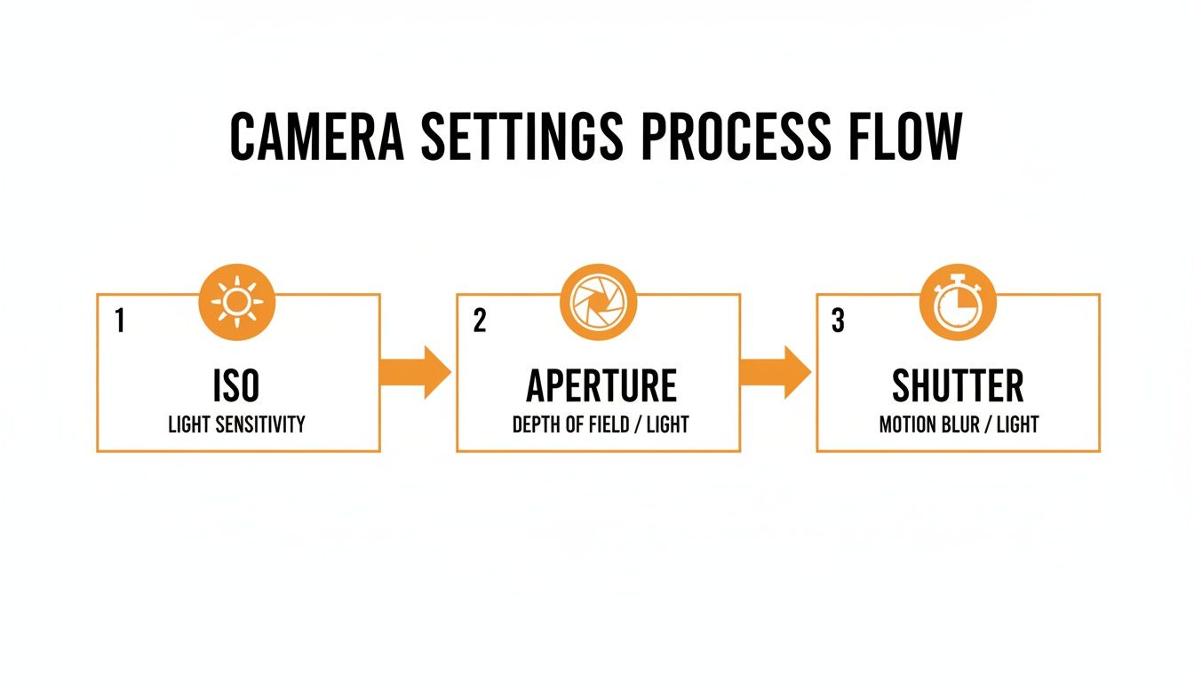Diagram illustrating the camera settings process flow: ISO, Aperture, and Shutter explained with functions.