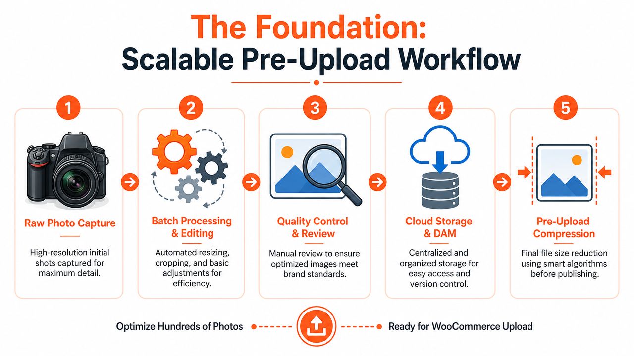A five-step workflow diagram illustrating the scalable process for preparing and optimizing images for WooCommerce uploads.