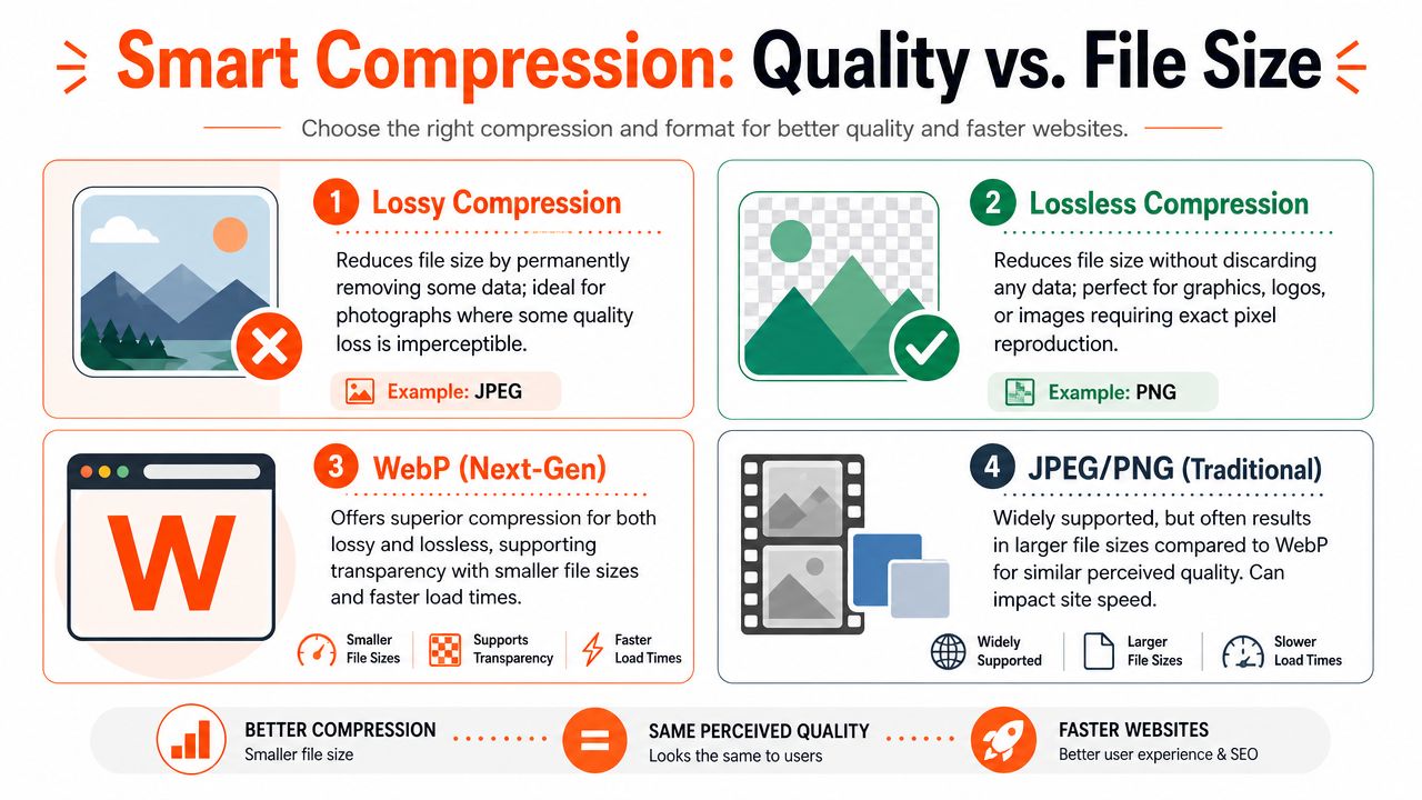 An infographic comparing different image compression techniques and file formats for better web performance and optimization.