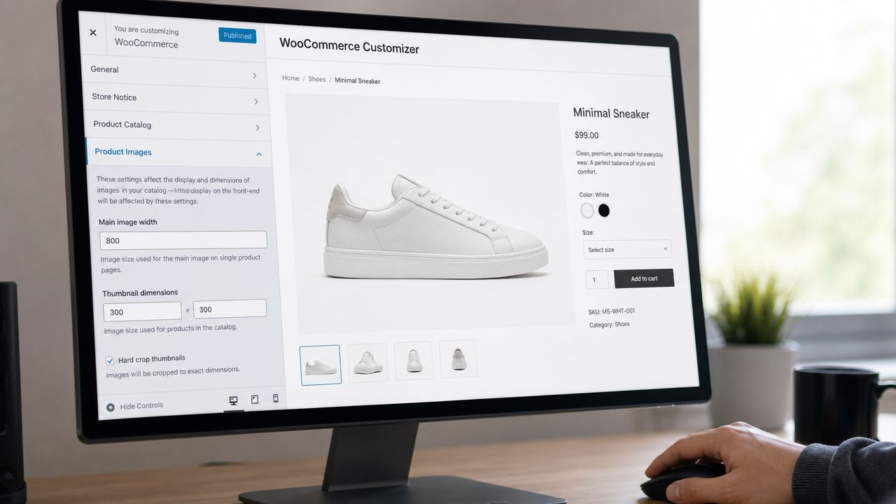 A person using a computer monitor to adjust product image settings in the WooCommerce plugin interface.