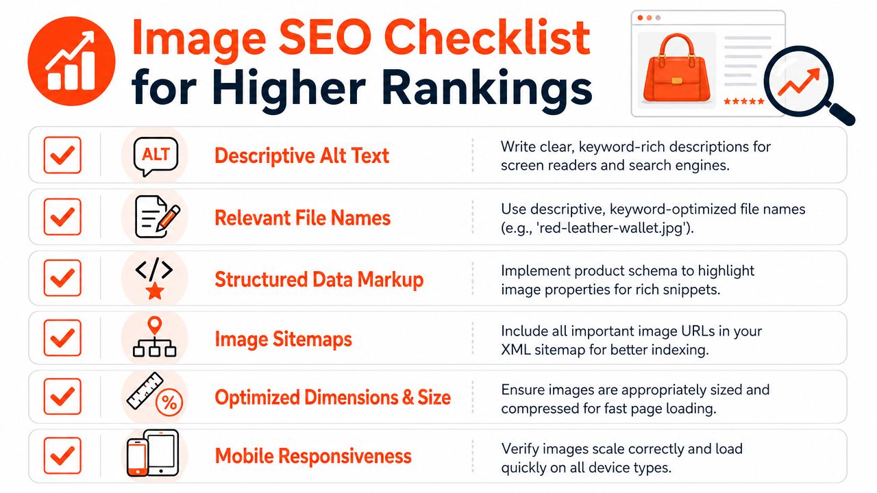 An infographic checklist for image SEO optimization, highlighting key techniques like alt text, file naming, and structured data.