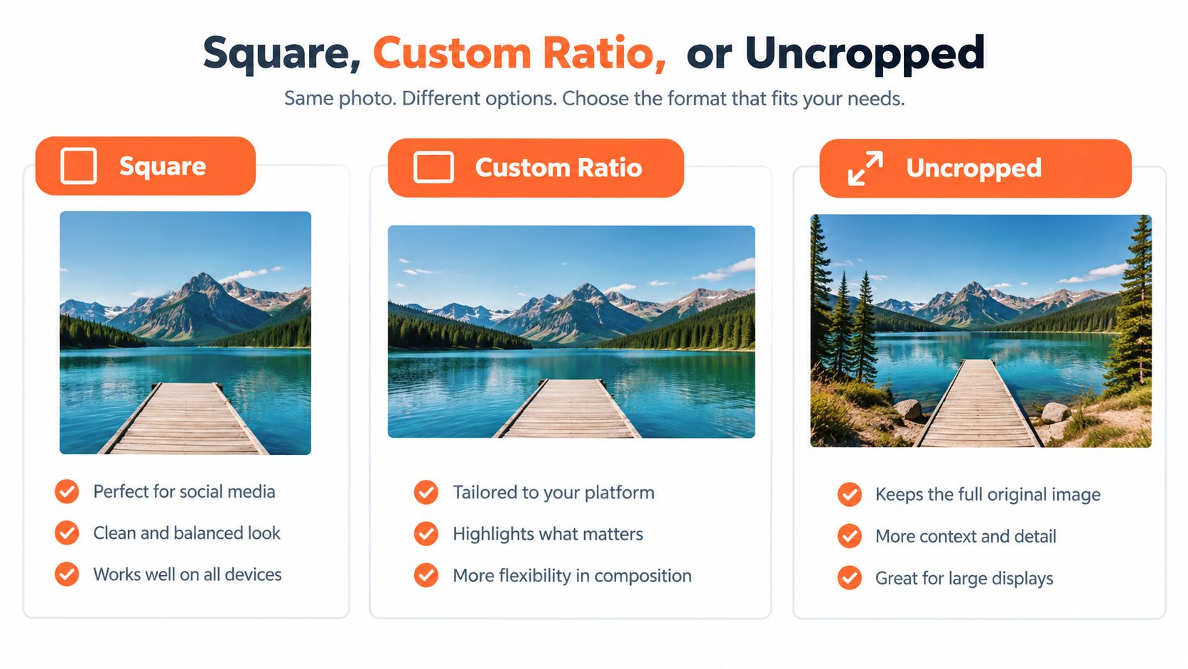 A diagram comparing three photo formatting options: Square, Custom Ratio, and Uncropped for product images.