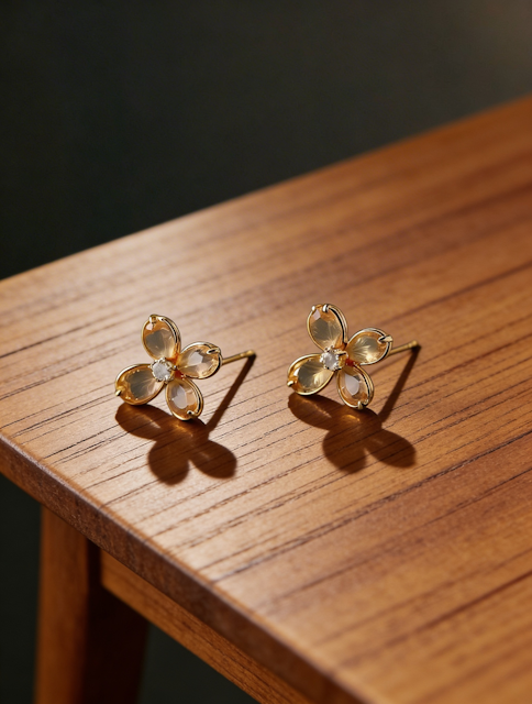 Gold earrings jewelry photo before AI background removal showing reflective surfaces and fine details