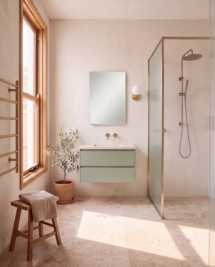 Sage green vanity — made by MerchLoom from the photos on the left